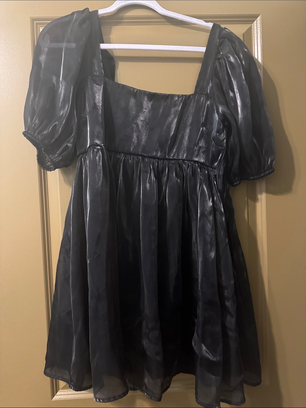 Black Square-Neck Mini Dress with Puff Sleeves